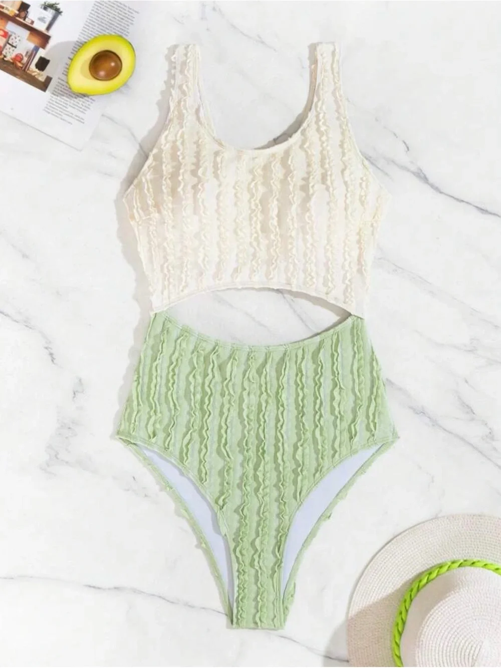 SHEIN Green and cream one piece swimsuit with ruffled texture M